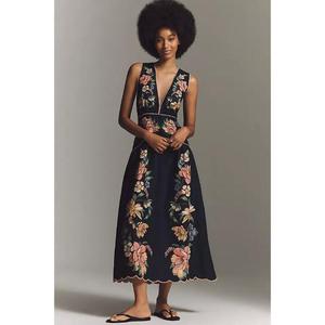 High Quality 100% Cotton Maira Floral Sleeveless Plunge <b>Knee</b>-Length Dress Thin <b>Straps</b> V-neckline Dramatic Short Long Drape ODM - Product Image 1