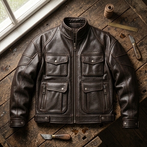 Men Brown Leather Stand Collar Zipper Front Pockets <b>Jacket</b> <b>Racing</b> Biker <b>Jacket</b> Custom Leather Riding <b>Jacket</b> Wholesale - Product Image 3
