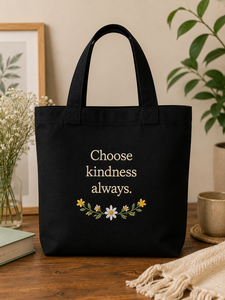 Sac fourre-tout en toile brodée « Choisissez toujours la gentillesse », motif floral noir, style minimaliste, sac de shopping toutes saisons - Product Image 1