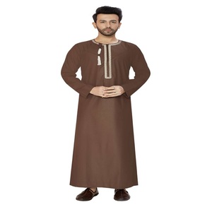 <b>Men's</b> Brown Hooded <b>Thobe</b> Long Sleeve Embroidered Polyester Anti-Pilling Floor Length Modest Middle East Style Daily Wear Regular - Product Image 1