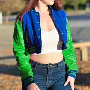 Womens Varsity Crop <b>Jacket</b> Red <b>Lime</b> <b>Green</b> Letterman Style Bomber Coat Faux Leather Sleeves Casual Outerwear Ladies Fashion - Product Image 3