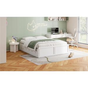 Lit plateforme blanc Queen Size avec 6 tiroirs, cadre en bois et revêtement en tissu - Product Image 5