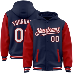 Wholesale Direct OMMIZ INDUSTRY Custom Navy White-<b>Red</b> Bomber Full-Snap Varsity Letterman Two Tone Hoodie <b>Jacket</b> - Product Image 1