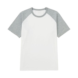 T-shirt imprimé à manches raglan gris pour homme, col rond contrastant bleu marine, coupe classique, décontracté, en coton tricoté, couleur unie, écologique, 180g - Product Image 4