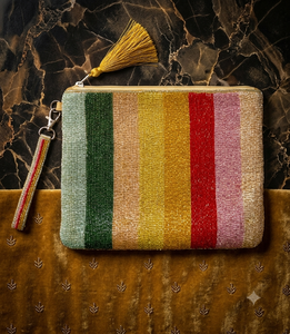 Beaded Stripe Clutch With Wrist Strap Handmade Bohemian Zipper Closure Unisex Coin Purse - Product Image 1