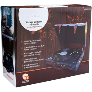 Vintage Wooden Suitcase Record Player Turntable with <b>Bluetooth</b>, <b>USB</b> Recording, Aux-In, Built-in Speakers, 3-Speed Vinyl Playback - Product Image 6