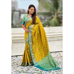 Mehendi Green Soft Silk Zari Woven Bandhani Patola Saree with Contrast Weaves for <b>Club</b> <b>Dress</b>-Up - Product Image 1