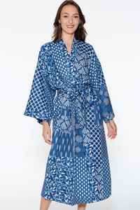 Indian Block Print Indigo Cotton <b>Kimono</b> Robe Stylish Bath Beach Cover Up For <b>Women</b> - Product Image 6