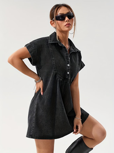 Recommandation de blogueur : Chemise poupée à col noir-gris, petite taille, boutonnée, unie, décontractée, style vintage, manches courtes, 100% coton - Product Image 3