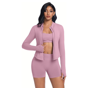 Wholesale Women's Three-Piece Gym Wear Tracksuit with Full-Zip Running Jacket <b>Crop</b> <b>Top</b> & Yoga Shorts-Skinny Fit Front Logo - Product Image 5