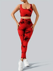 <b>Red</b> Floral Print Yoga Set High Waist Leggings <b>Crop</b> <b>Top</b> 2 Piece Spandex Polyester Four-Way Stretch Racerback Scoop Neck - Product Image 1