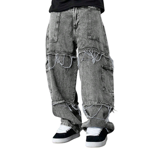 Mens Mid Loose Fit <b>Grey</b> Denim <b>Jeans</b> Distressed Raw Edge Detail Casual Streetwear Quick Dry Breathable Washed Cotton Wide Leg - Product Image 1