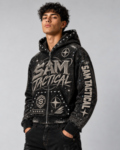 Sweat à capuche zippé oversize pour homme SAM TACTICAL, design imprimé streetwear, noir, polyester tricoté, vêtements d'automne, prix de gros - Product Image 3