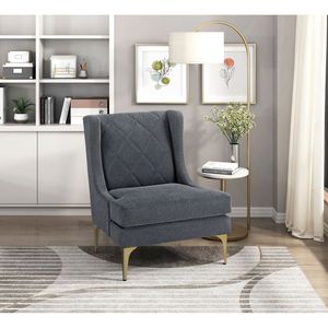Fauteuil d'appoint moderne de luxe à dossier haut, revêtement en chenille gris foncé, pieds en métal finition dorée, ressorts ensachés, motif losanges, pour salon - Product Image 1