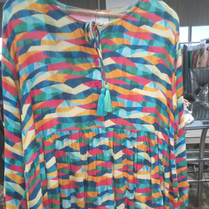 Vestido Midi de Algodón con Estampado Geométrico Multicolor, Manga Larga, Estilo Boho Casual, para Fiestas y Vacaciones, con Borlas y Lazo en el Cuello, para Principios de Otoño - Product Image 1