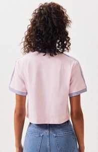T-shirt court unisexe décontracté en coton 100% avec logo, tricoté, couleur lilas, blocs de couleurs, col rond, manches courtes, style sportif - Product Image 4