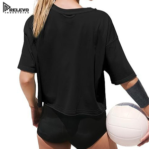 <b>Women</b> Plain Crewneck Short Sleeve Cropped T Shirt Athletic Loose Fit Drop Shoulder, Athletic Workout Tops Casual Summer Tees - Product Image 3