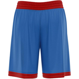 Shorts de basket-ball bleus pour hommes avec bordure rouge, logo et numéro 00 imprimés par sublimation, design sportif en maille respirante - Product Image 2