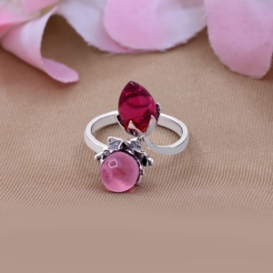 Anillo Floral de Dos Piedras de Plata de Ley 925 con Cuarzo Rosa y Hidro Rubí, Joyería Memoria, Venta al Por Mayor - Product Image 6