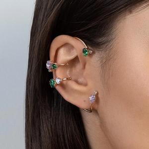 Trendy Gold Plated Cuff <b>Earrings</b> With Emerald And Pink Stones Geometric Design For Women Party Jewelry - Product Image 3
