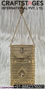 Gold Metal Clutch Bag With Floral Beading Sparkling Evening Party <b>Handbag</b> Rectangle Shape Chain Strap Flap Closure mobile sling - Product Image 2