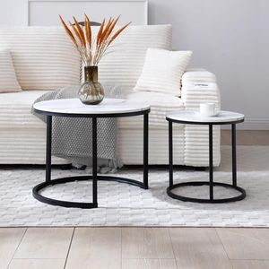 Set of 2 Movable Coffee <b>Tables</b> <b>White</b> Gray Top with Black Frame Circular <b>Round</b> Marble Pattern Wooden Base for Living Room Bedroom - Product Image 3