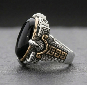 Black Onyx Gemstone 13x18mm Oval Shape Men's 925 <b>Silver</b> Two Tone Plated Punk Style Bezel Setting Signet Ring For Everyday Wear - Product Image 2