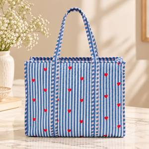 Blue and <b>White</b> Striped Heart Printed Canvas Tote Bag Women Shoulder Shopping Bag - Product Image 2