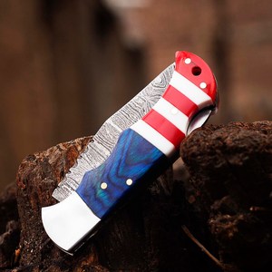 Navaja Plegable de Acero de Damasco con Hoja de Punta Caída, Mango con Bandera Americana Roja, Blanca y Azul, Cierre Trasero, Navaja de Bolsillo EDC, Equipo de Supervivencia OEM - Product Image 3