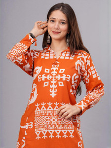 Orange Digital Printed Cotton <b>Kurta</b> Palazzo Set <b>Women</b> Ethnic Casual Wear Loose Fit Ankle Length India Pakistan Style - Product Image 3