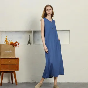 <b>Bohemian</b> Blue Cotton Linen Midi <b>Dress</b> V-Neck With Buttons Sleeveless Loose Fit Summer Casual Women <b>Maxi</b> <b>Dress</b> - Product Image 1