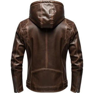 Chaqueta de Cuero Marrón para Hombre con Capucha, Chaqueta de Cuero Vintage Desgastada, Chaqueta de Motociclista Ajustada, Estilo Urbano - Product Image 2