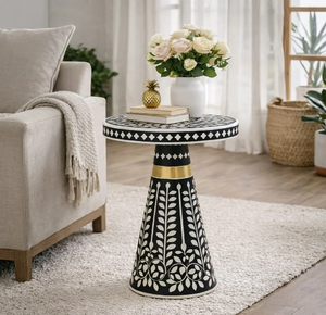 Table d'appoint cintrée avec incrustation osseuse, motif rayé gris fin et un seul tiroir, disponible à prix de gros. - Product Image 5