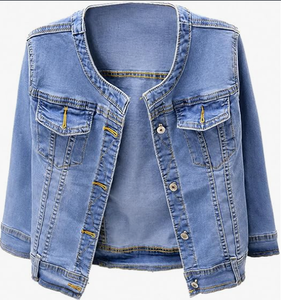 Women's 3/4 Sleeve <b>Cropped</b> <b>Denim</b> <b>Jacket</b> Light Wash Short Jean Trucker Coat Button-Up Casual Distressed Eco-Friendly 100% - Product Image 3