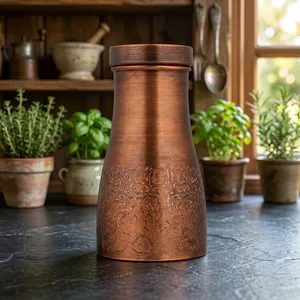 Jarra de Agua de Cobre, Matka de Cobre Tradicional Hecha a Mano con Diseño Floral Grabado y Acabado Antiguo, Recipiente para Almacenar Agua para el Hogar - Product Image 2