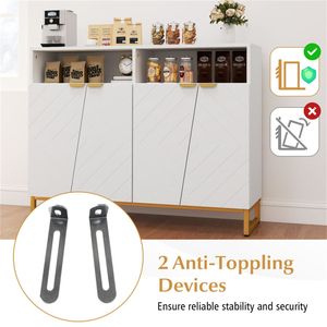 Credenza Bianca Contemporanea con Ante Irregolari, Maniglie Dorate, 2 Ripiani Aperti e Doppi Mobili a 2 Ante - Arredamento per Sala da Pranzo - Product Image 6