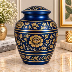 Urne funéraire bleue unique avec des bandes de feuillage doré artisanales, un motif de médaillon floral et un dessus en dôme, récipient commémoratif - Product Image 1