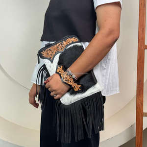 Nouveau luxe usiné à la main en cuir femmes sac à bandoulière 2025 cheveux personnalisés sur peau de vache frange sac à main et fente à la main embrayage Combo ensembles - Product Image 5