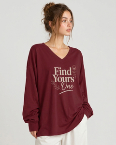 T-shirt surdimensionné à col en V et manches longues pour femme, grande taille, 100 % coton tricoté, avec logo frontal et épaules tombantes - Product Image 3
