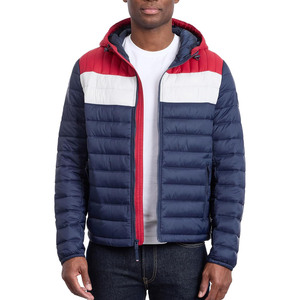<b>Men's</b> Winter <b>Puffer</b> <b>Jacket</b> Hooded Color Blocking Red <b>White</b> Navy Zipper Closure Windproof Casual Outerwear - Product Image 4