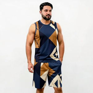 Men's Geometric Print Tank Top And Shorts <b>Set</b> Crew Neck Quick Dry <b>Knitted</b> Polyester Sporty Summer Outfit - Product Image 1