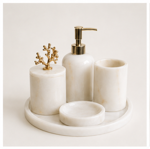 Ensemble de salle de bain en marbre blanc naturel de qualité supérieure, 5 accessoires de bain luxueux faits à la main avec détails en corail doré pour hôtels et maisons - Product Image 3