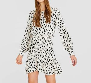 Vestido corto blanco con estampado de manchas negras para mujeres y niñas Botón de lentejuelas de encaje tejido decorado para uso diario y de fiesta - Product Image 1