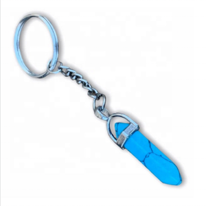 Haute qualité naturel hit bleu turquoise cristal colonne hexagonale pierre à la main Double Point métal porte-clés cristal en gros - Product Image 1