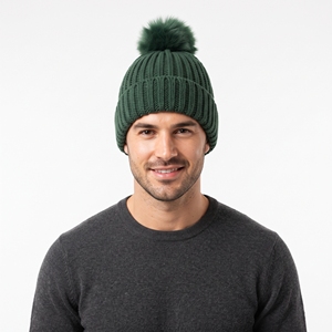 Bonnet unisexe chaud en tricot torsadé vert épais, doux et côtelé, avec pompon personnalisé pour activités de plein air - Product Image 1