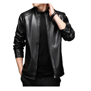 <b>Men's</b> PU Leather Moto Jacket <b>Turtleneck</b> Collar Zipper Closure Slim Fit Winter Solid Color Regular Sleeve Biker Style Dyed Front - Product Image 1