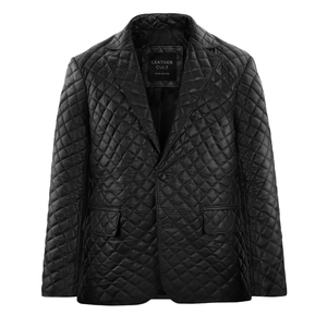 เสื้อแจ็คเก็ตหนังแท้สีดำแบบเย็บลายสำหรับผู้ชาย แบรนด์ Leather Cult กระดุมเดี่ยว ปกเสื้อพับได้ - Product Image 1
