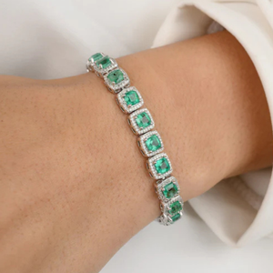 NOVA Fine Charm Bracelet 18K Gold Plated Chain & Link Cushion Shaped Emerald and Diamond Cluster Art Deco Party - Product Image 1