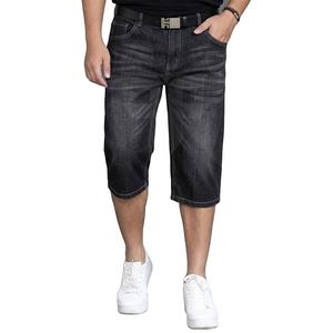 Shorts de mezclilla casuales de verano para mujer, corte recto, cintura media, elásticos, delgados, talla grande, hasta la pantorrilla - Product Image 1