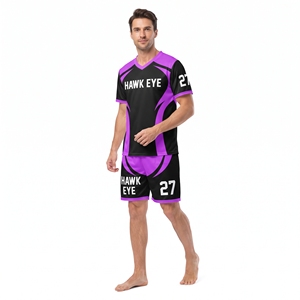 Ensemble de maillot de foot pour homme, noir et violet, sublimé, col en V, manches courtes, haut et short, 100 % polyester, vêtements de sport pour adultes - Product Image 6
